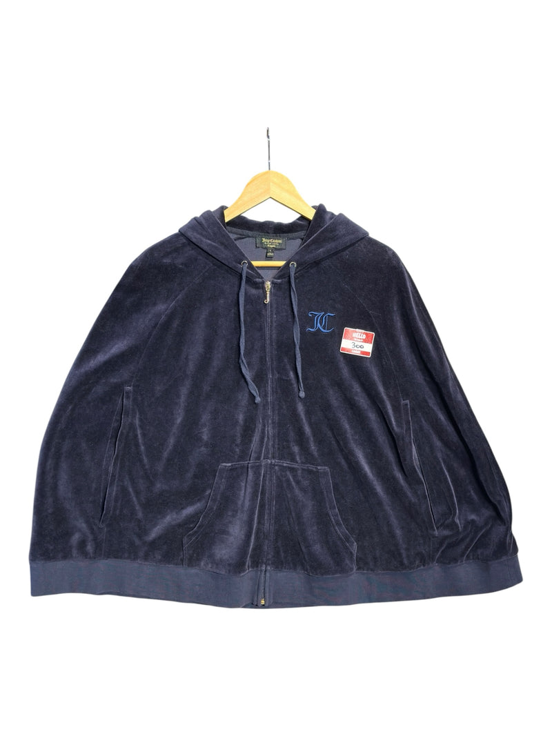 OutOf10 navy blue Juicy Couture velour zip-up hoodie with drawstring hood and chest embroidery on a wooden hanger