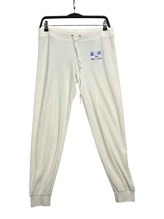 OutOf10 Juicy Couture Black Label off-white terry cloth lounge joggers with drawstring waist and ribbed cuffs.
