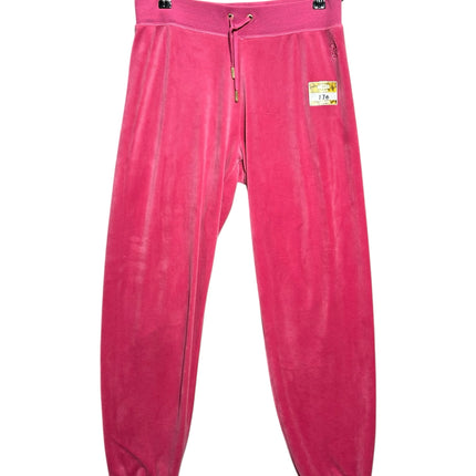 OutOf10 Juicy Couture SPORT vibrant pink velour joggers with an elastic drawstring waistband and ribbed ankle cuffs.