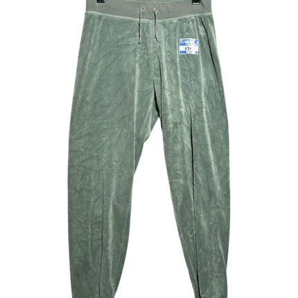 OutOf10 Juicy Couture Sport sage green velour joggers with elastic drawstring waistband and ribbed tapered cuffs.