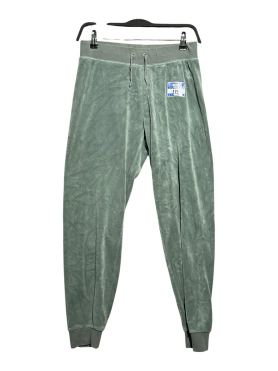OutOf10 Juicy Couture Sport sage green velour joggers with elastic drawstring waistband and ribbed tapered cuffs.