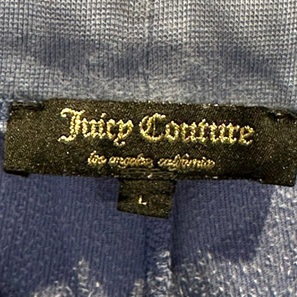 OutOf10 Juicy Couture periwinkle blue velour lounge jogger pants featuring a black brand label with gold embroidery