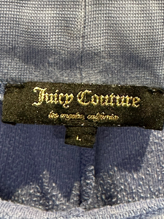 OutOf10 Juicy Couture periwinkle blue velour lounge jogger pants featuring a black brand label with gold embroidery
