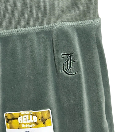 OutOf10 Juicy Couture Sport sage green velour joggers featuring an elastic waistband and embroidered logo detail.