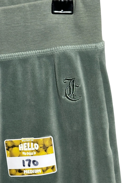 OutOf10 Juicy Couture Sport sage green velour joggers featuring an elastic waistband and embroidered logo detail.