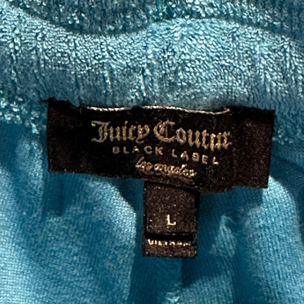 OutOf10 Juicy Couture Black Label turquoise velour lounge pants featuring a black brand label and size L tag