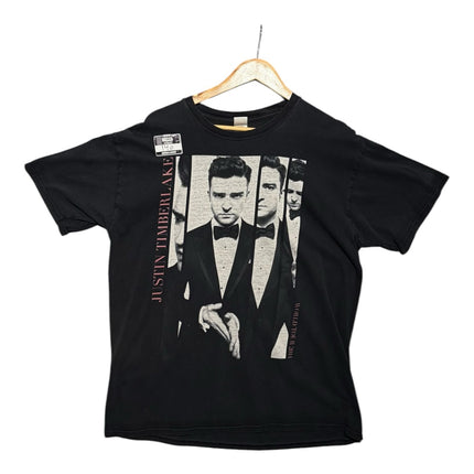 OutOf10 black cotton Justin Timberlake 2014 World Tour graphic t-shirt with tuxedo portrait print on a wooden hanger