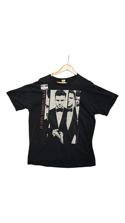 OutOf10 black cotton Justin Timberlake 2014 World Tour graphic t-shirt with tuxedo portrait print on a wooden hanger