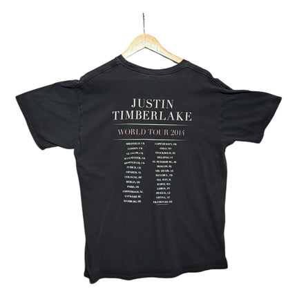 OutOf10 black Justin Timberlake 2014 World Tour cotton t-shirt showing back tour dates on a wooden hanger