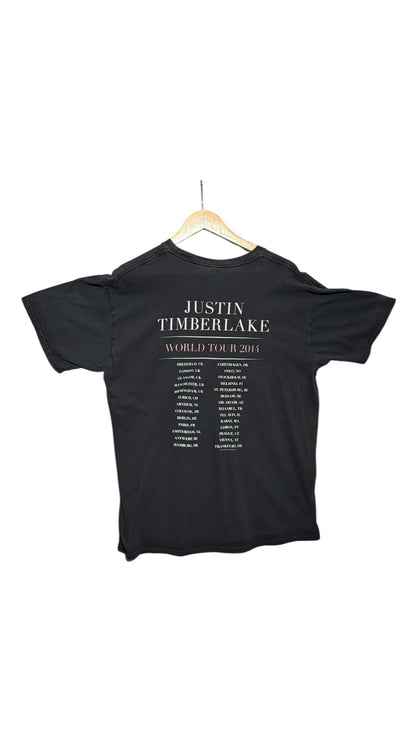 OutOf10 black Justin Timberlake 2014 World Tour cotton t-shirt showing back tour dates on a wooden hanger
