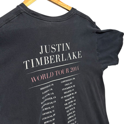 OutOf10 black Justin Timberlake 2014 World Tour cotton t-shirt showing back print with tour dates on a wooden hanger