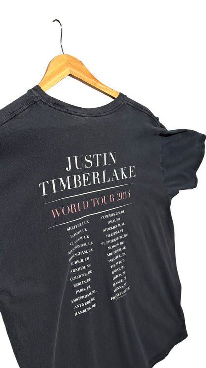 OutOf10 black Justin Timberlake 2014 World Tour cotton t-shirt showing back print with tour dates on a wooden hanger