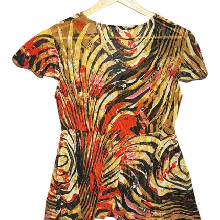 OutOf10 KAELY MAX short sleeve V-neck blouse in a semi-sheer fabric with a vibrant abstract swirl print.