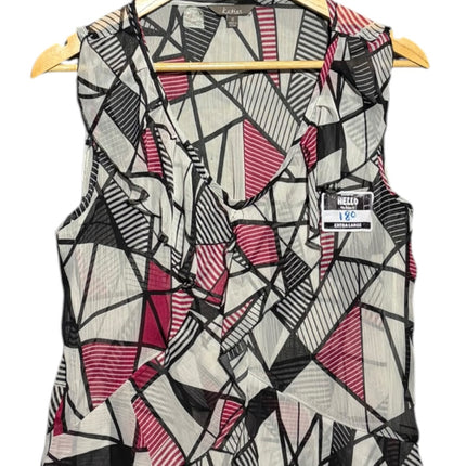 OutOf10 Katies sleeveless blouse featuring a black, white, and magenta geometric print with ruffle V-neck detailing.