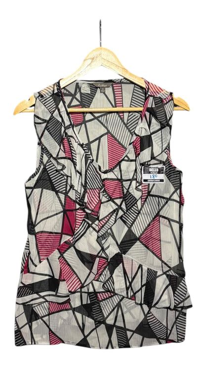 OutOf10 Katies sleeveless blouse featuring a black, white, and magenta geometric print with ruffle V-neck detailing.