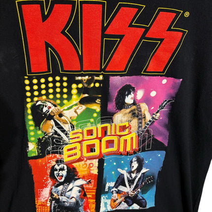OutOf10 black cotton crew-neck t-shirt featuring a vibrant KISS Sonic Boom band graphic with red and yellow text.