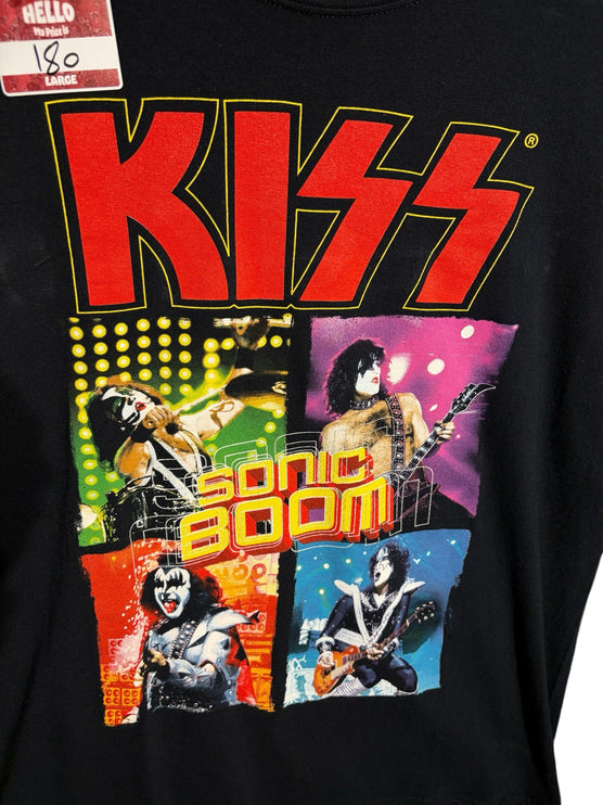 OutOf10 black cotton crew-neck t-shirt featuring a vibrant KISS Sonic Boom band graphic with red and yellow text.