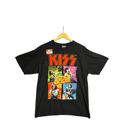 OutOf10 black cotton crew-neck t-shirt featuring a vibrant KISS Sonic Boom band graphic print on the front.