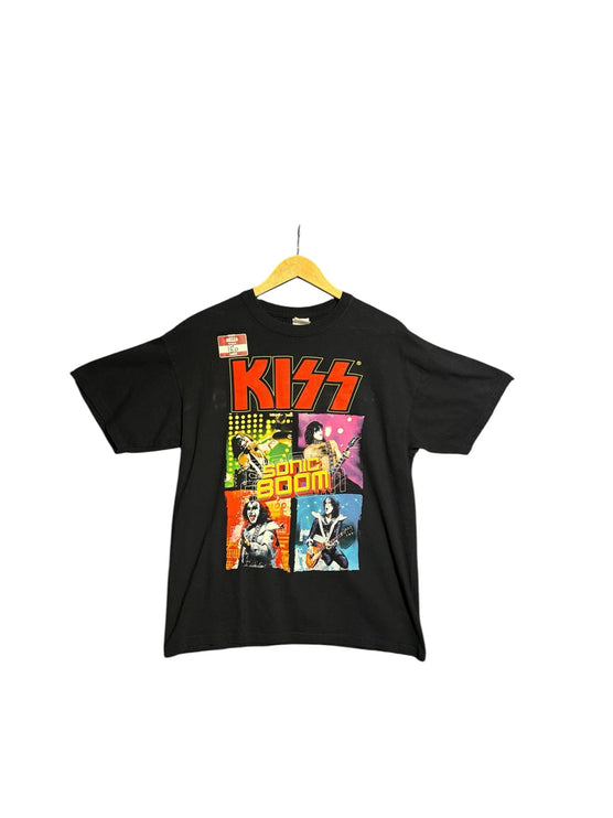 OutOf10 black cotton crew-neck t-shirt featuring a vibrant KISS Sonic Boom band graphic print on the front.