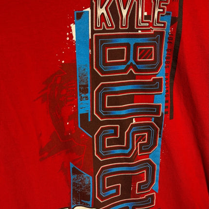 OutOf10 red Kyle Busch NASCAR graphic t-shirt featuring number 18 and Joe Gibbs Racing branding on soft cotton fabric