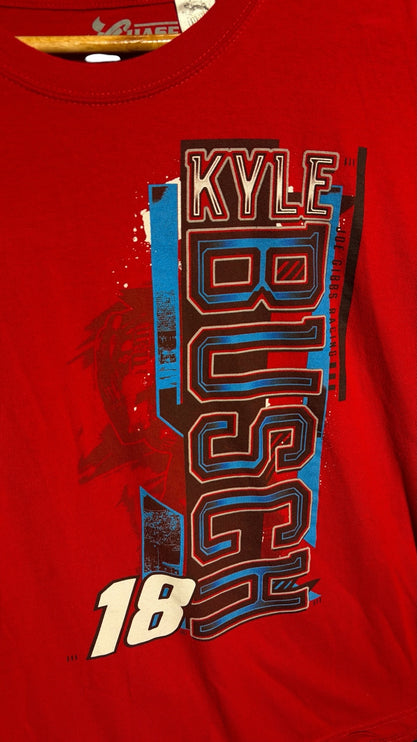 OutOf10 red Kyle Busch NASCAR graphic t-shirt featuring number 18 and Joe Gibbs Racing branding on soft cotton fabric