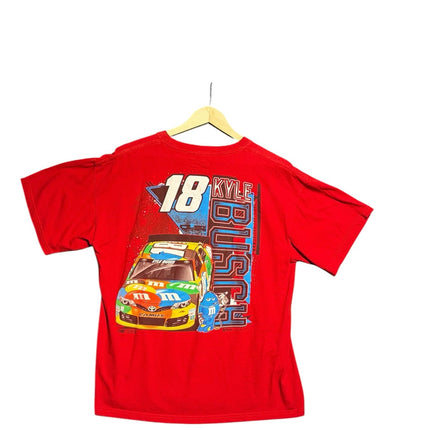 OutOf10 red Kyle Busch NASCAR graphic t-shirt featuring number 18 and M&M's Toyota Camry print on the back