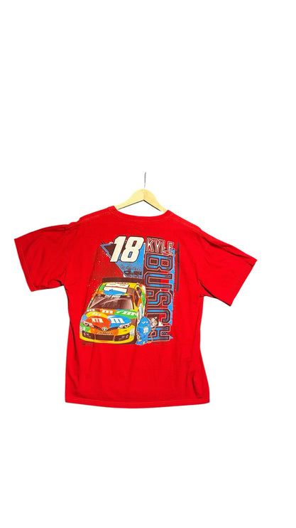 OutOf10 red Kyle Busch NASCAR graphic t-shirt featuring number 18 and M&M's Toyota Camry print on the back