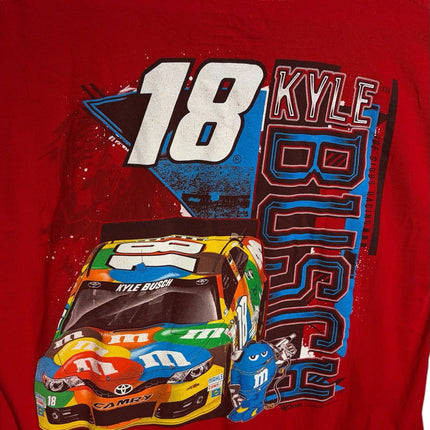 OutOf10 red Kyle Busch NASCAR graphic t-shirt featuring the number 18 Toyota Camry and M&M's branding on the back.