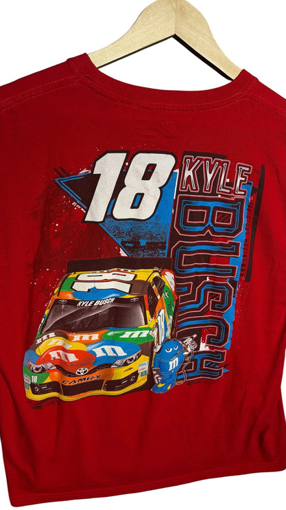 OutOf10 red Kyle Busch NASCAR graphic t-shirt featuring the number 18 Toyota Camry and M&M's branding on the back.