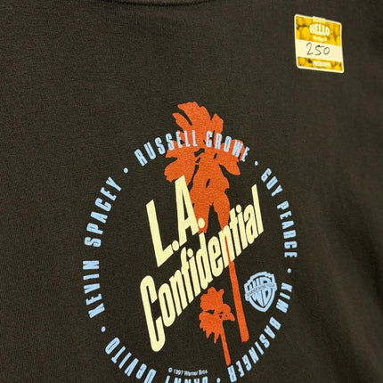 OutOf10 black cotton crew-neck t-shirt featuring a vintage L.A. Confidential movie graphic with palm tree silhouettes.