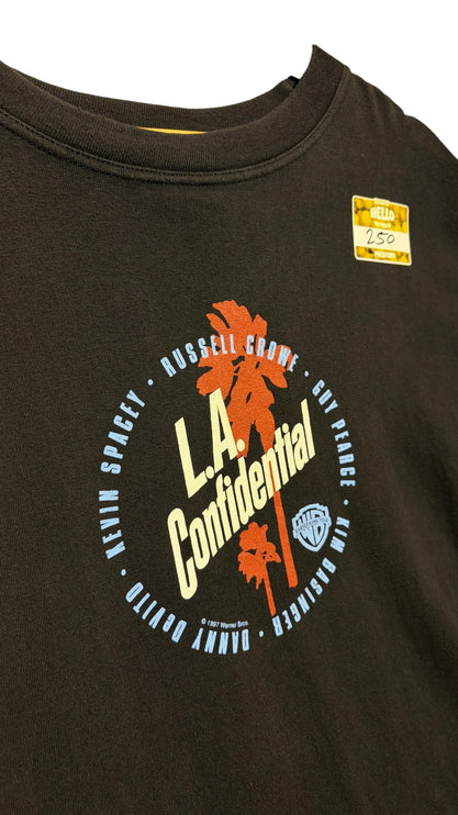 OutOf10 black cotton crew-neck t-shirt featuring a vintage L.A. Confidential movie graphic with palm tree silhouettes.