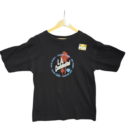 OutOf10 black cotton crew-neck t-shirt featuring a vintage LA Confidential movie graphic with palm trees