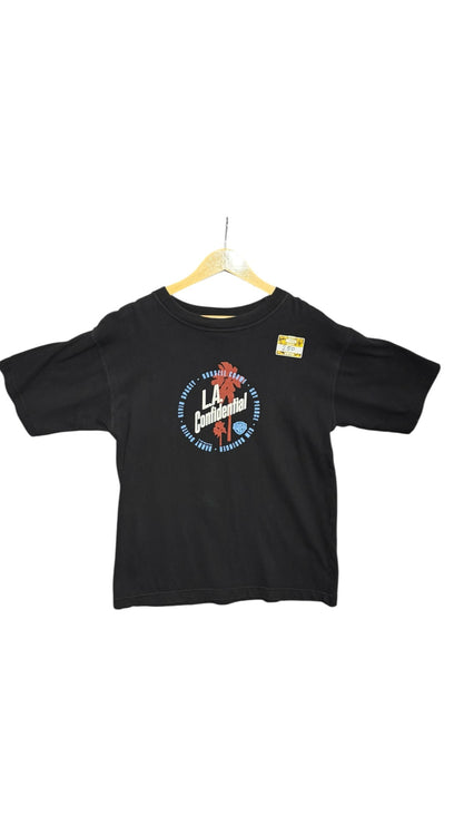 OutOf10 black cotton crew-neck t-shirt featuring a vintage LA Confidential movie graphic with palm trees