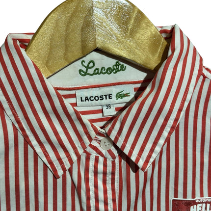 OutOf10 Lacoste long sleeve button-down shirt featuring a red and white vertical stripe pattern and collar label.