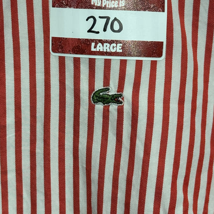 OutOf10 Lacoste long sleeve button down shirt featuring red and white vertical stripes and embroidered crocodile logo