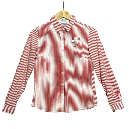 OutOf10 Lacoste red and white vertical striped long sleeve button down shirt with embroidered logo on chest