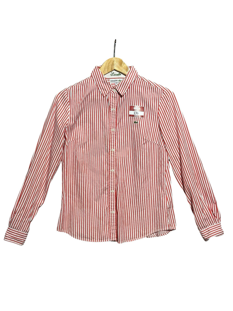 OutOf10 Lacoste red and white vertical striped long sleeve button down shirt with embroidered logo on chest