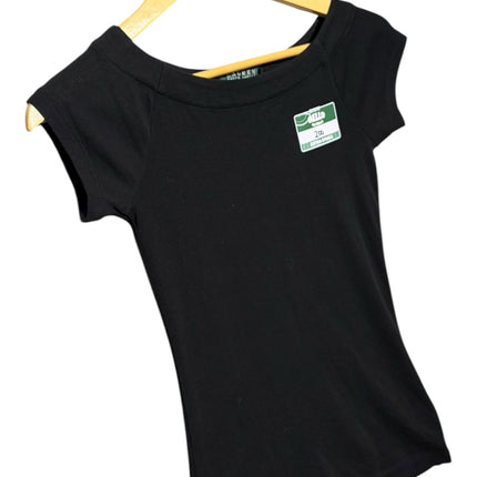 OutOf10 LAUREN Ralph Lauren black fitted cap-sleeve top with a wide neckline hanging on a wooden hanger