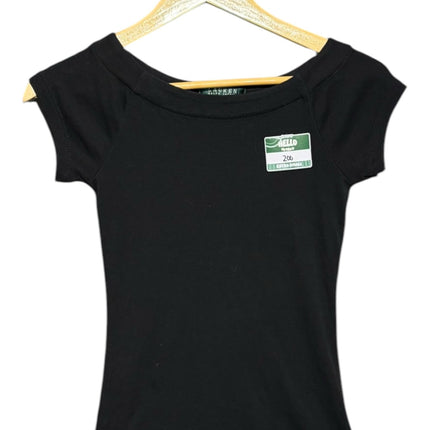 OutOf10 LAUREN Ralph Lauren black fitted cap-sleeve top with a wide neckline hanging on a wooden hanger