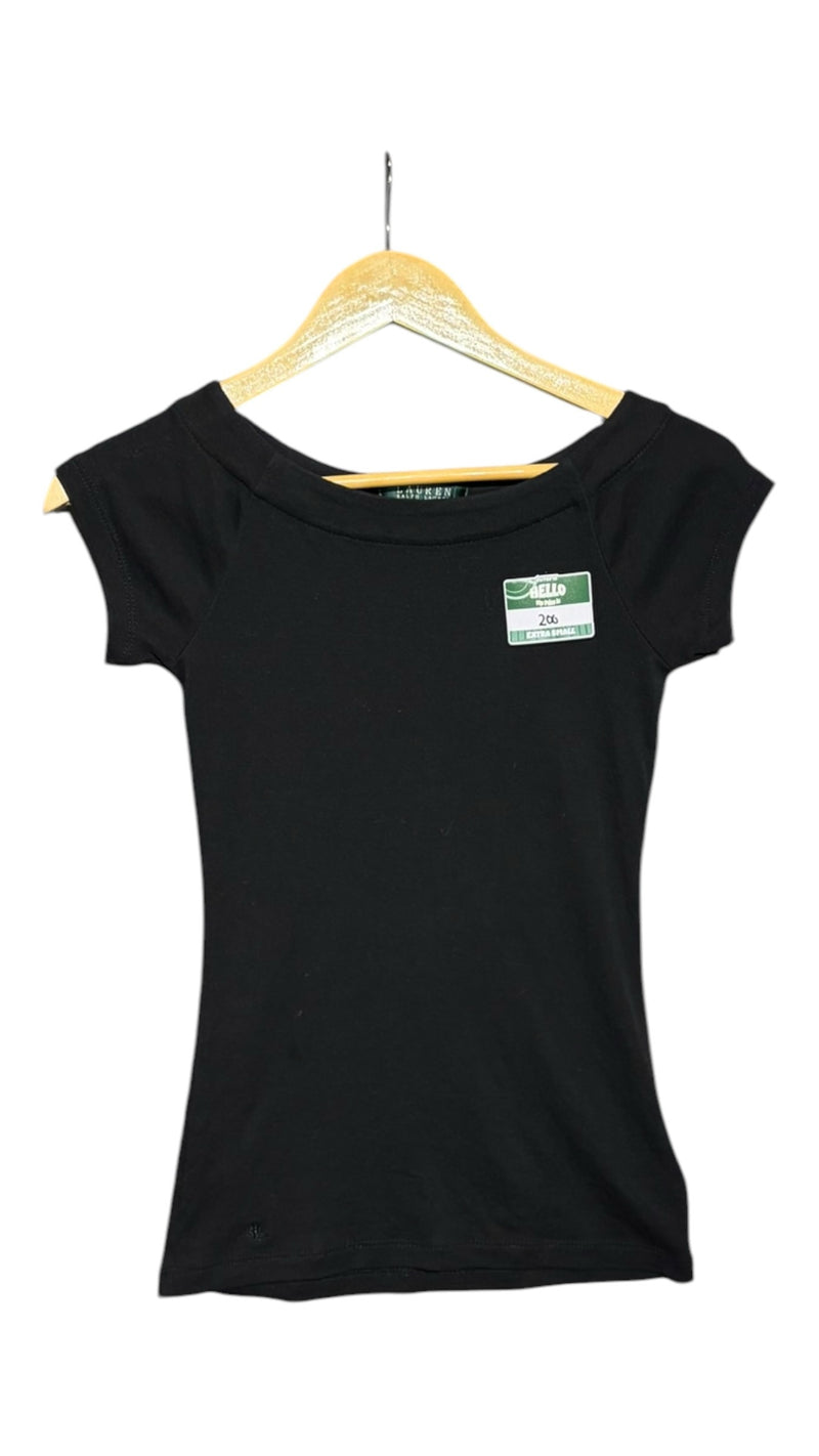 OutOf10 LAUREN Ralph Lauren black fitted cap-sleeve top with a wide neckline hanging on a wooden hanger