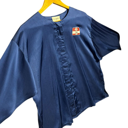 OutOf10 LE HARE navy blue satin button-down blouse with a round neckline and wide sleeves on a wooden hanger