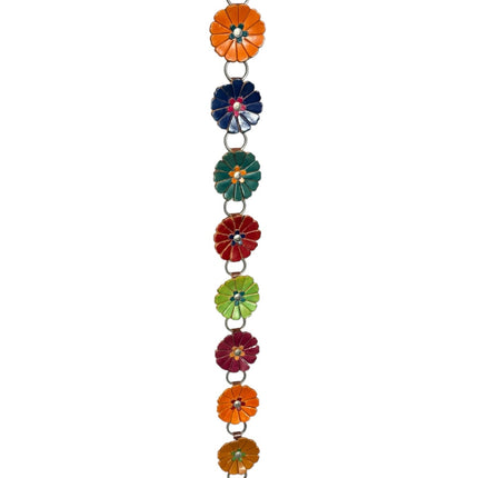 OutOf10 decorative hanging wall ornament featuring a vertical chain of multi-coloured leather flowers with silver rings