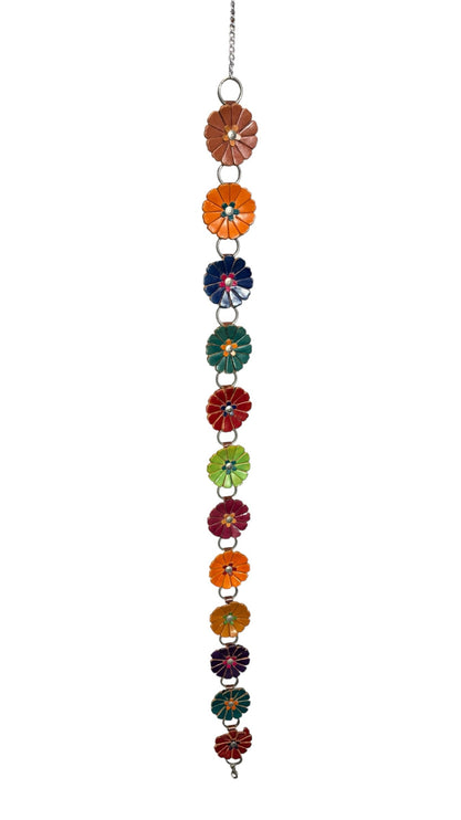 OutOf10 decorative hanging wall ornament featuring a vertical chain of multi-coloured leather flowers with silver rings