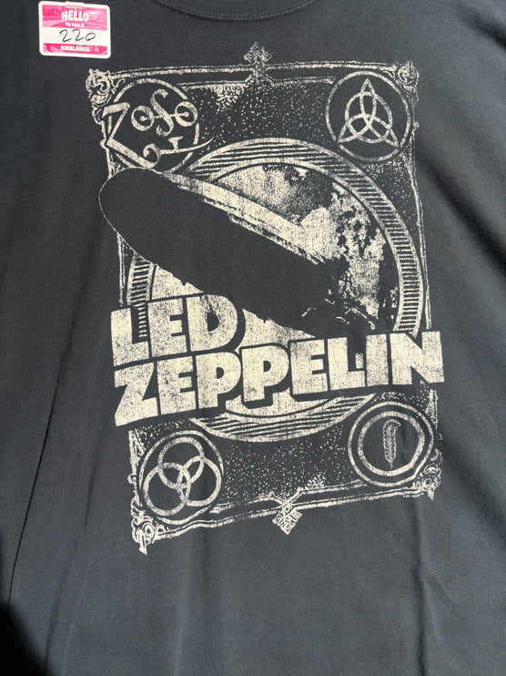 OutOf10 faded black cotton crewneck t-shirt featuring a distressed vintage Led Zeppelin airship graphic print.