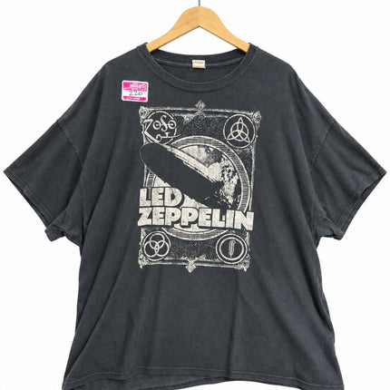 OutOf10 vintage-style faded black cotton crewneck t-shirt featuring a distressed Led Zeppelin airship graphic print.