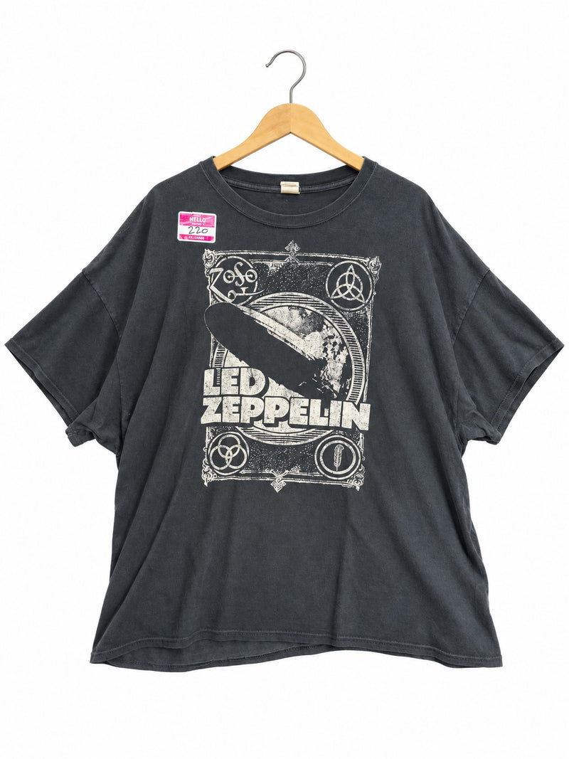 OutOf10 vintage-style faded black cotton crewneck t-shirt featuring a distressed Led Zeppelin airship graphic print.