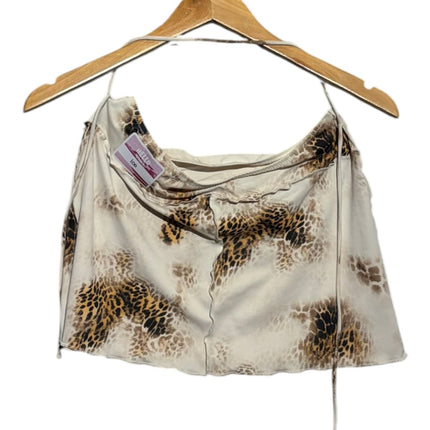 OutOf10 leopard print satin mini skirt with a silky smooth finish hanging on a wooden hanger