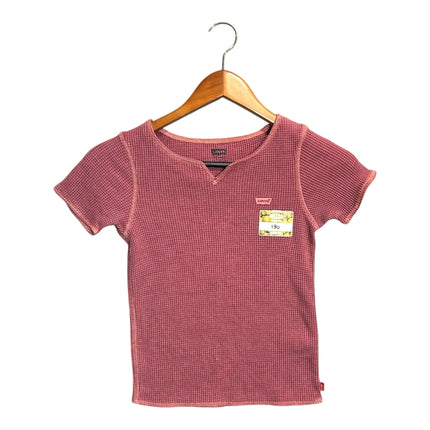 OutOf10 Levi's dusty rose waffle-knit short sleeve top with a notched neckline and contrast stitching on a hanger.