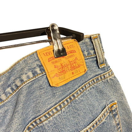 OutOf10 Levi's 569 loose-fit denim shorts in medium-wash blue with iconic leather back patch and red tab detail