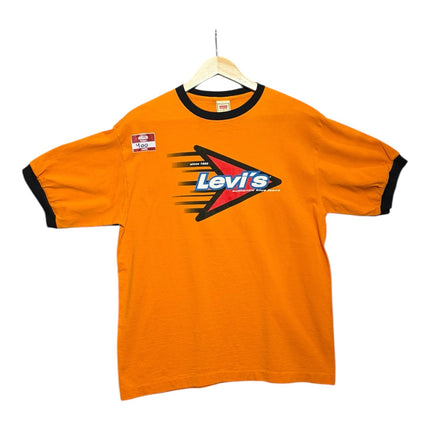 OutOf10 vintage-inspired orange cotton ringer t-shirt with a retro Levi's graphic logo and black trim on sleeves